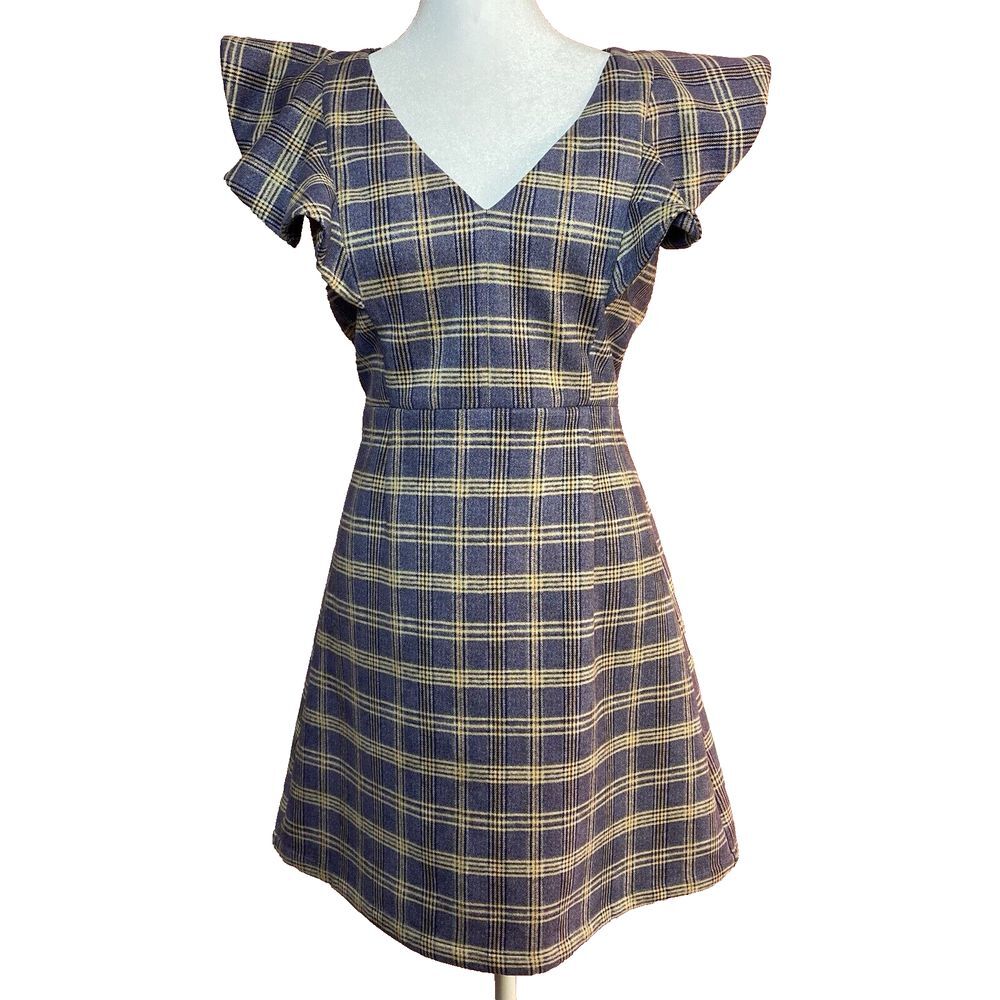 Altar'd State Size Medium Soft Dress Flutter‎ Sleeves Stretch Plaid Blue V Neck